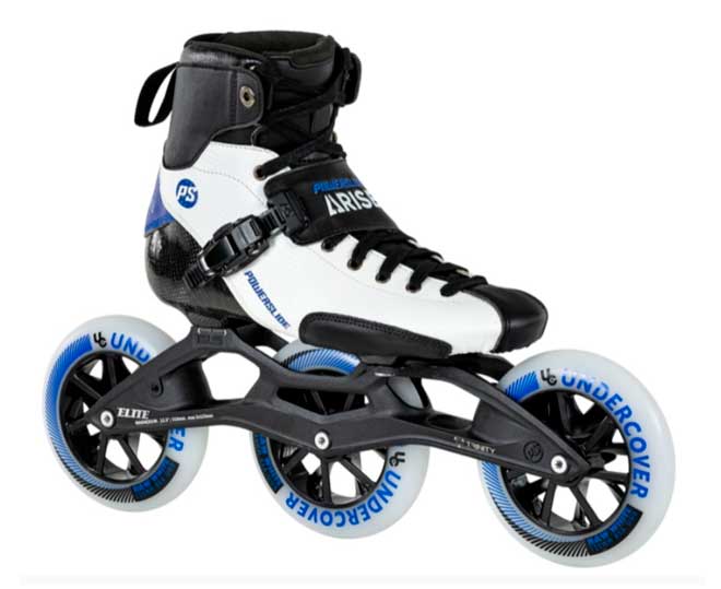 A close up image of a black and white Powerslide Arise inline skate