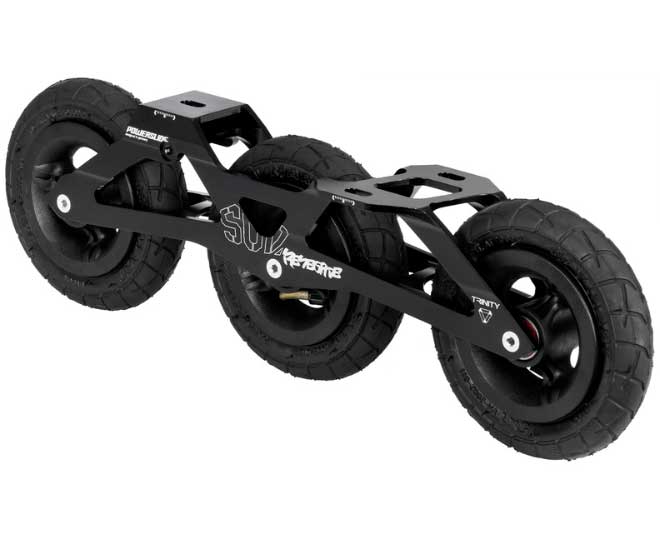 A close-up image of Powerslide Trinity offroad inline skate frames with big tires